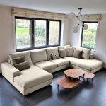 ⁦كنبة دائرية خشب طبيعي وكتان⁩ - الصورة ⁦2⁩