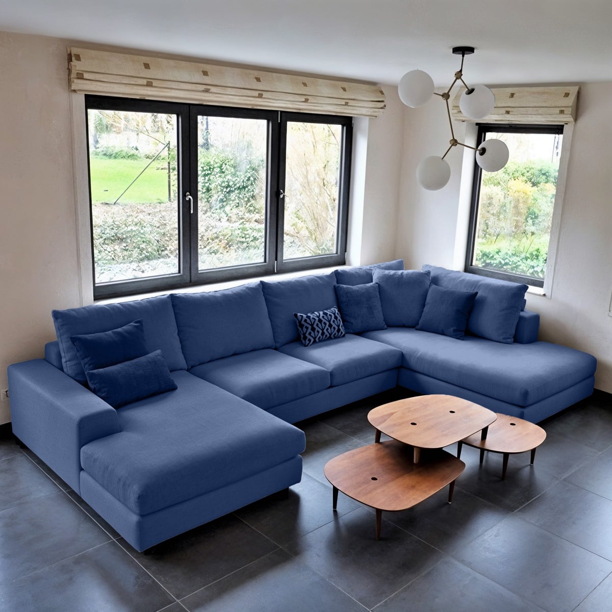 JOUFURH08142095-1-Blue كنبة دائرية خشب طبيعي وكتان - الصورة 1