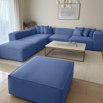 ⁦كنبة ركنة و 2 بوف خشب طبيعي و قماش كتان⁩ - الصورة ⁦2⁩