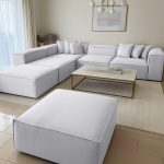 ⁦كنبة ركنة و 2 بوف خشب طبيعي و قماش كتان⁩ - الصورة ⁦5⁩